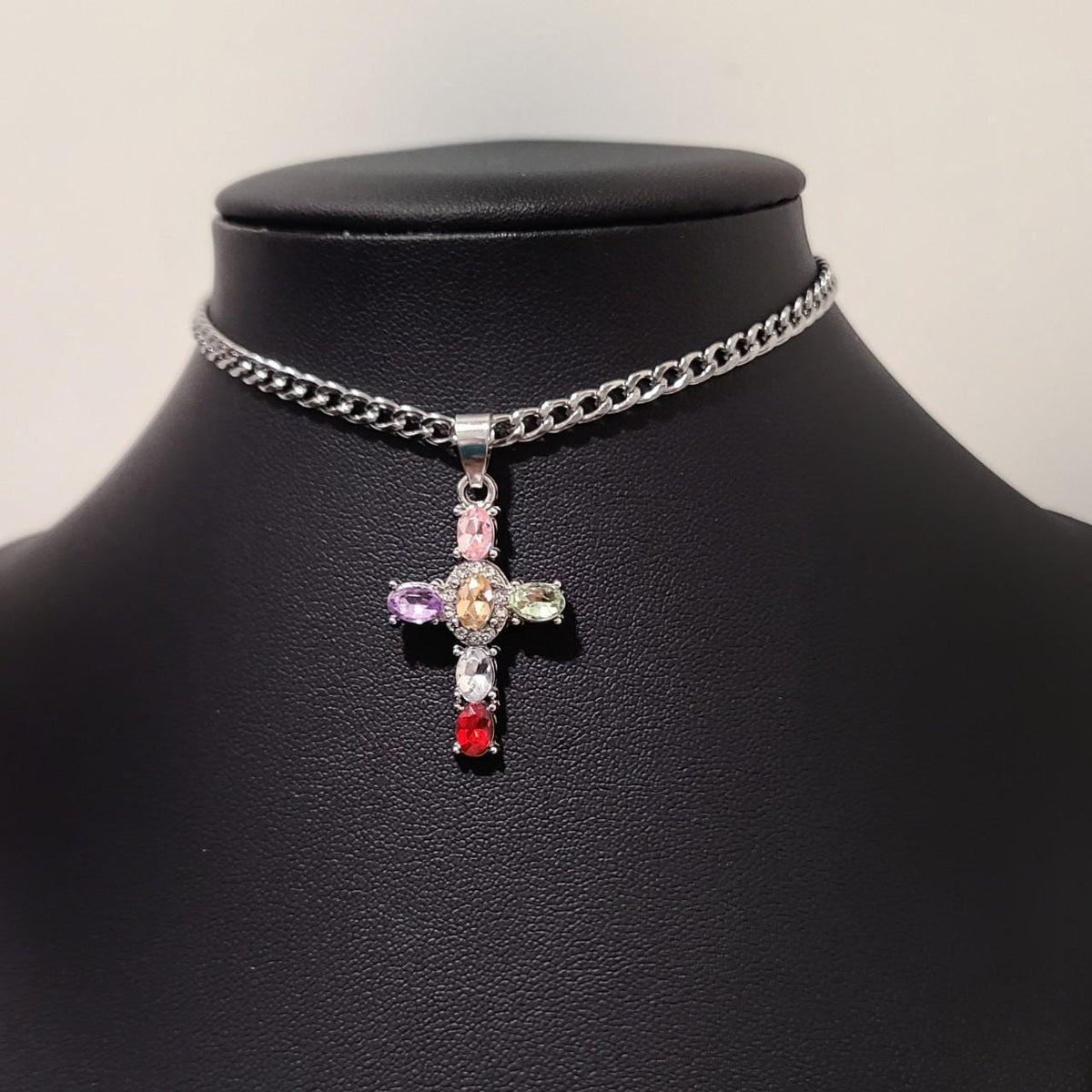 Colorful Crystal Cross Choker Necklace
