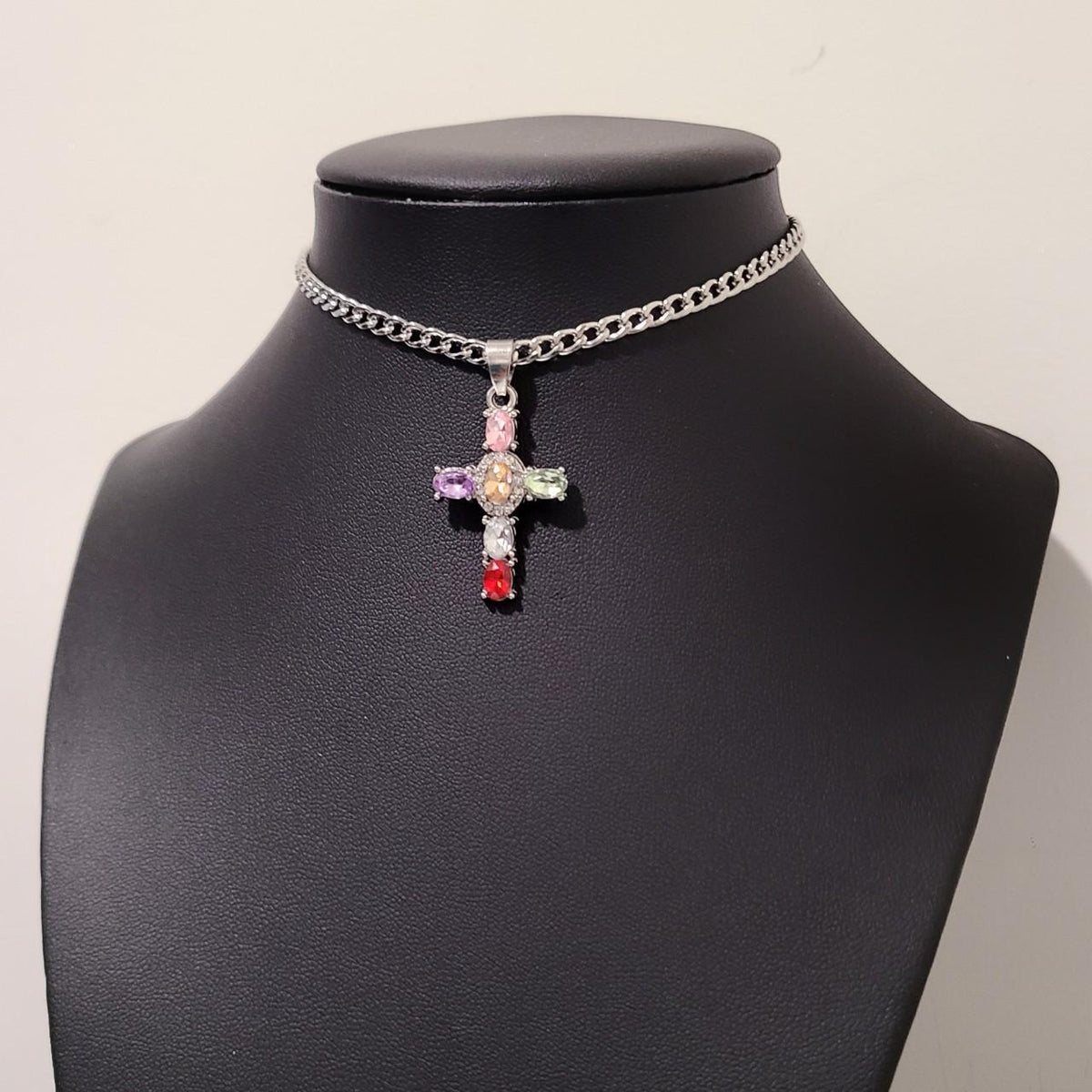 Colorful Crystal Cross Choker Necklace