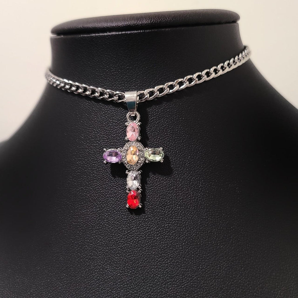 Colorful Crystal Cross Choker Necklace