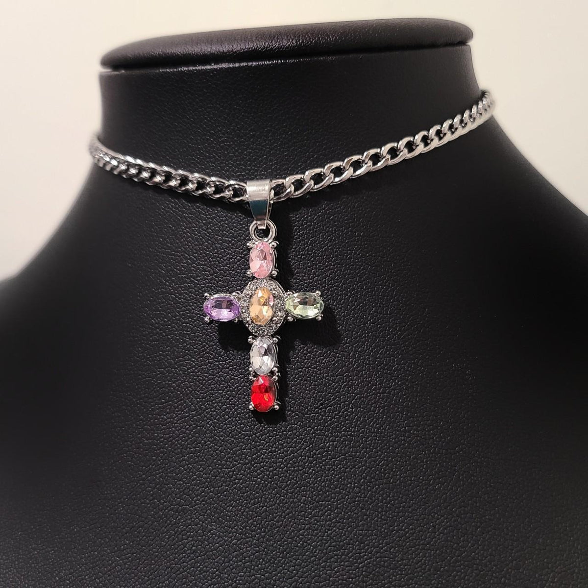 Colorful Crystal Cross Choker Necklace