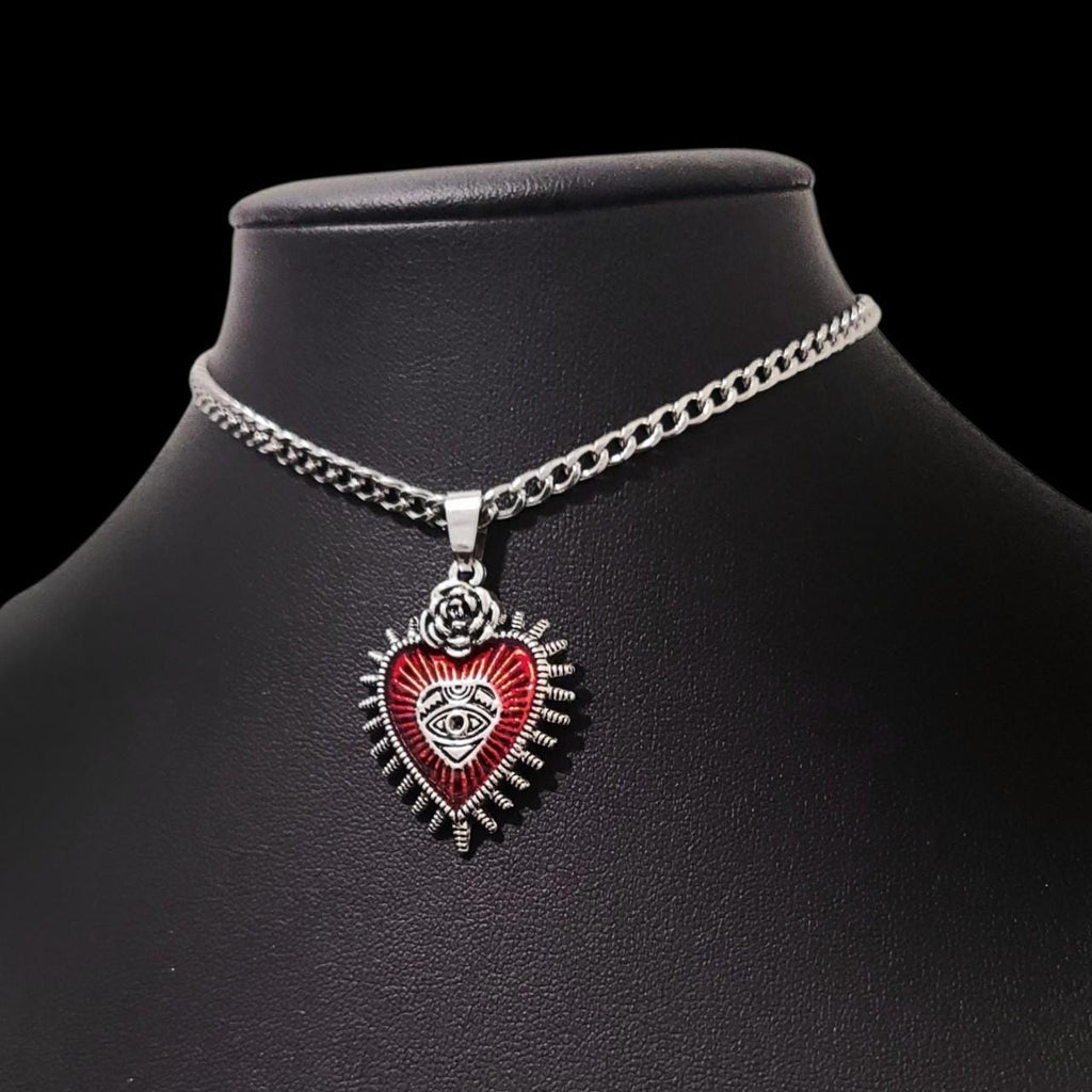 Red Silver Sacred Heart Choker Necklace