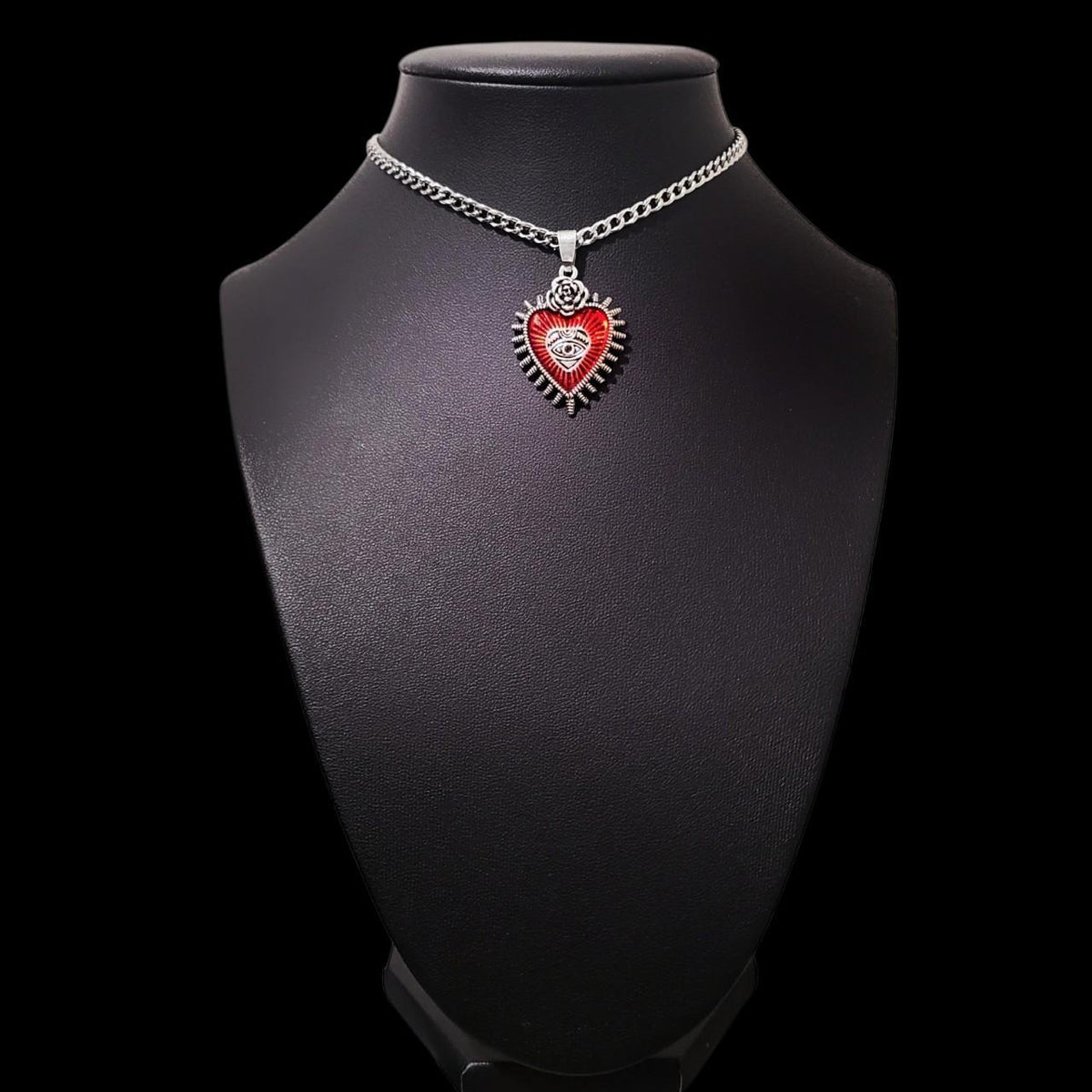 Red Silver Sacred Heart Choker Necklace