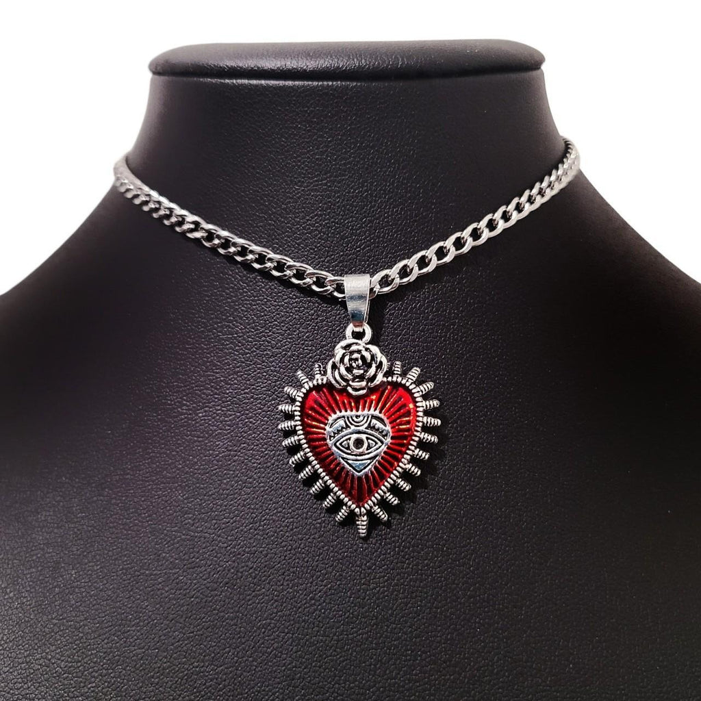 Red Silver Sacred Heart Choker Necklace
