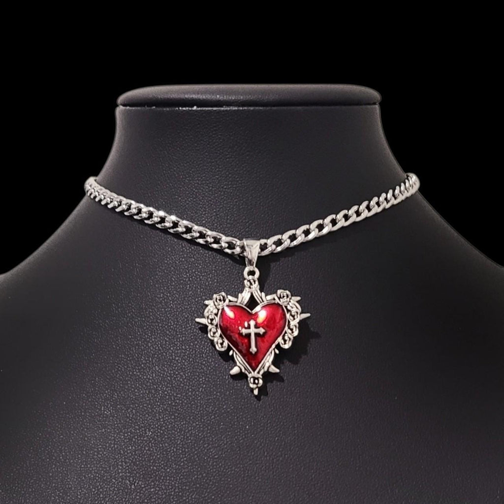 Red Silver Sacred Heart Choker 003 - NECKLACE