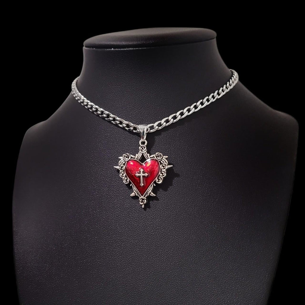 Red Silver Sacred Heart Choker 003 - NECKLACE