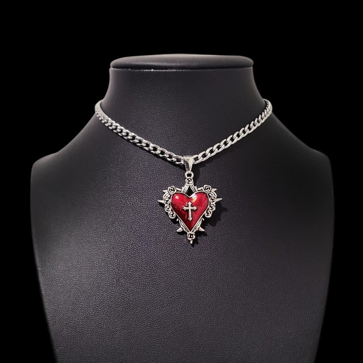 Red Silver Sacred Heart Choker 003 - NECKLACE