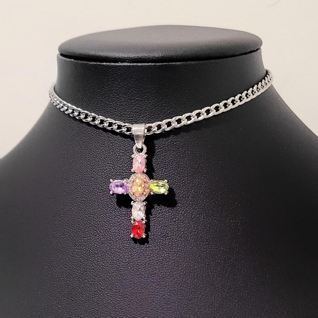 Colorful Crystal Cross Choker Necklace