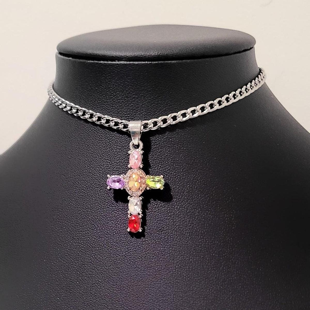 Colorful Crystal Cross Choker Necklace