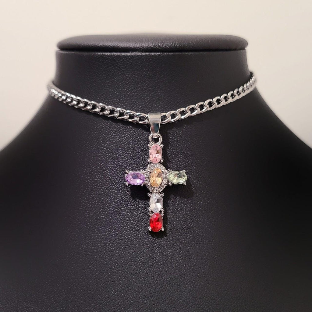 Colorful Crystal Cross Choker Necklace