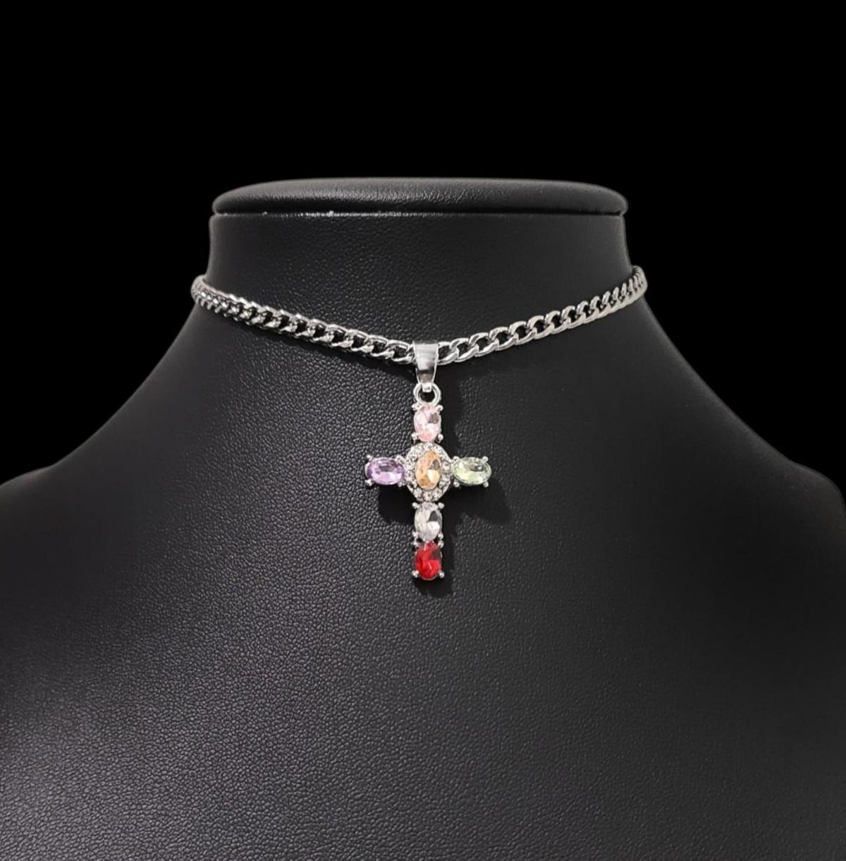 Colorful Crystal Cross Choker Necklace